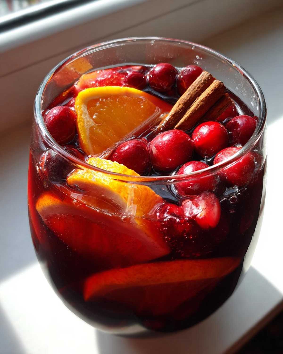 Close-up of a glass filled with rich red christmas sangria, garnished with orange slices, cranberries, and cinnamon sticks.