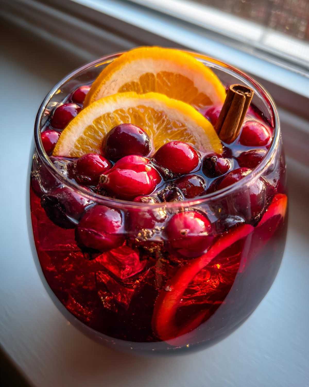 Close-up of a glass filled with rich red christmas sangria, garnished with fresh cranberries, orange slices, and a cinnamon stick.