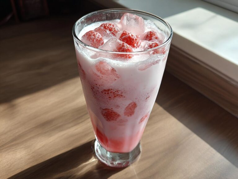 Close-up of a tall glass filled with homemade strawberry milk, ice cubes, and fresh strawberry pieces.