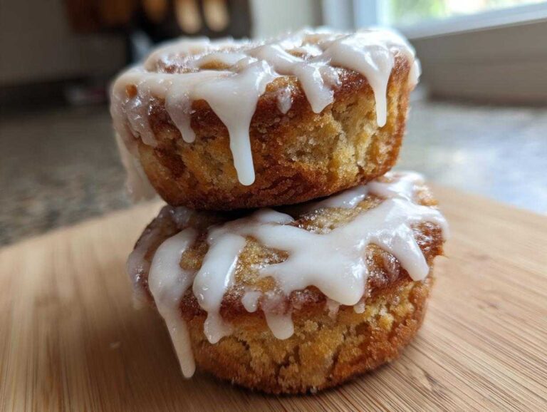 Close-up of two delicious cinnamon roll muffins stacked, drizzled with thick white icing.