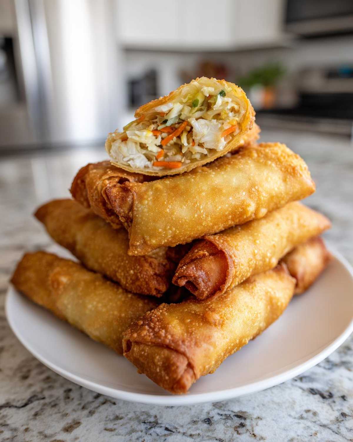 A stack of crispy, golden brown homemade egg roll appetizers, with one cut open showing the vegetable filling.