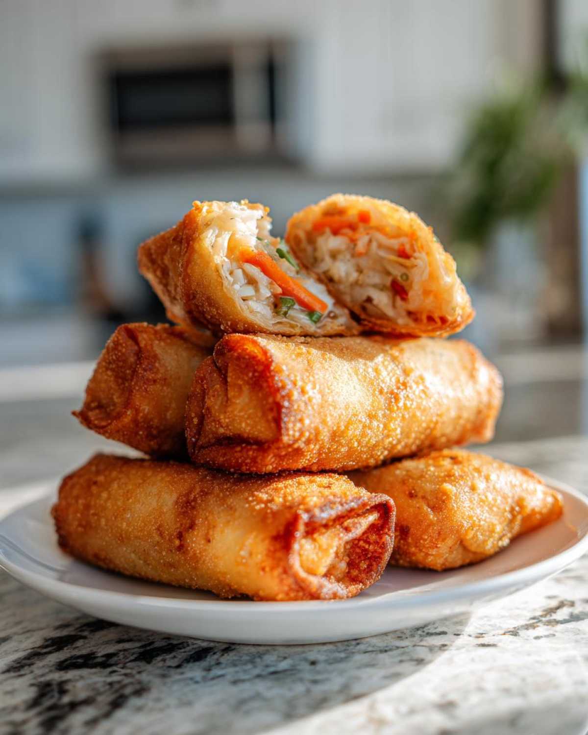 A stack of crispy, golden brown homemade egg roll pieces, with the top one cut open showing vegetable filling.