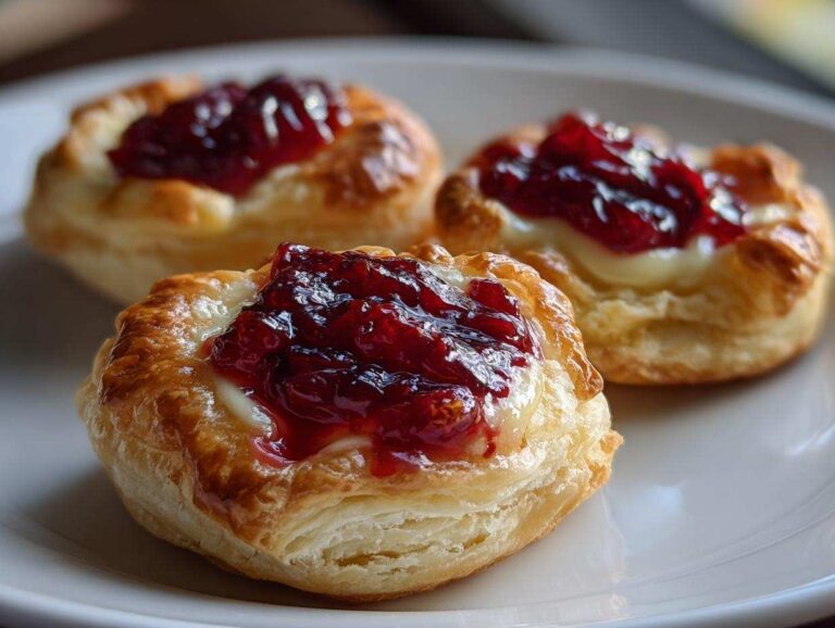 Three golden baked brie bites made with puff pastry, melted brie, and topped with bright red jam.