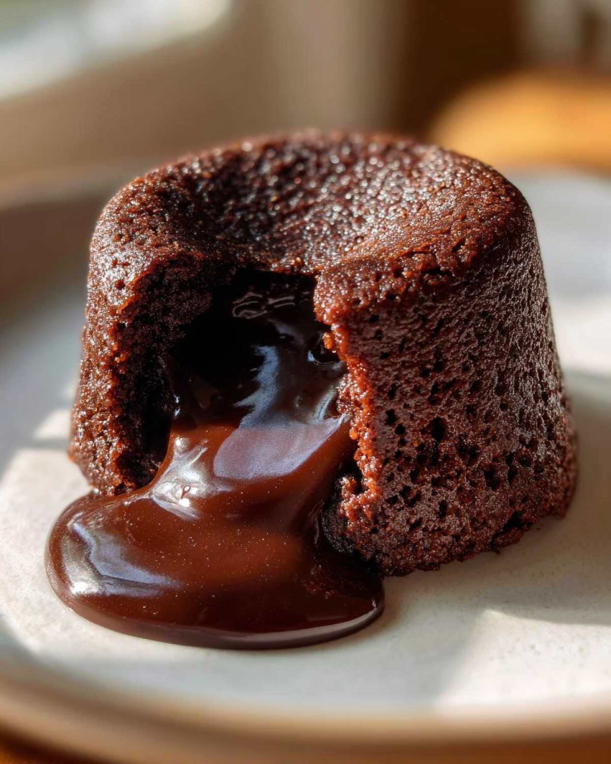 Close-up of a freshly baked chocolate lava cake with molten chocolate flowing out of the center onto a plate.