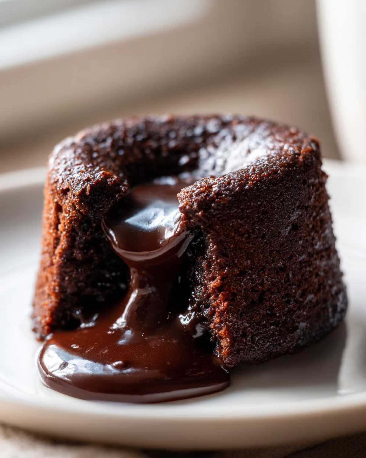 Close-up of a rich chocolate lava cake with molten center oozing onto a white plate.