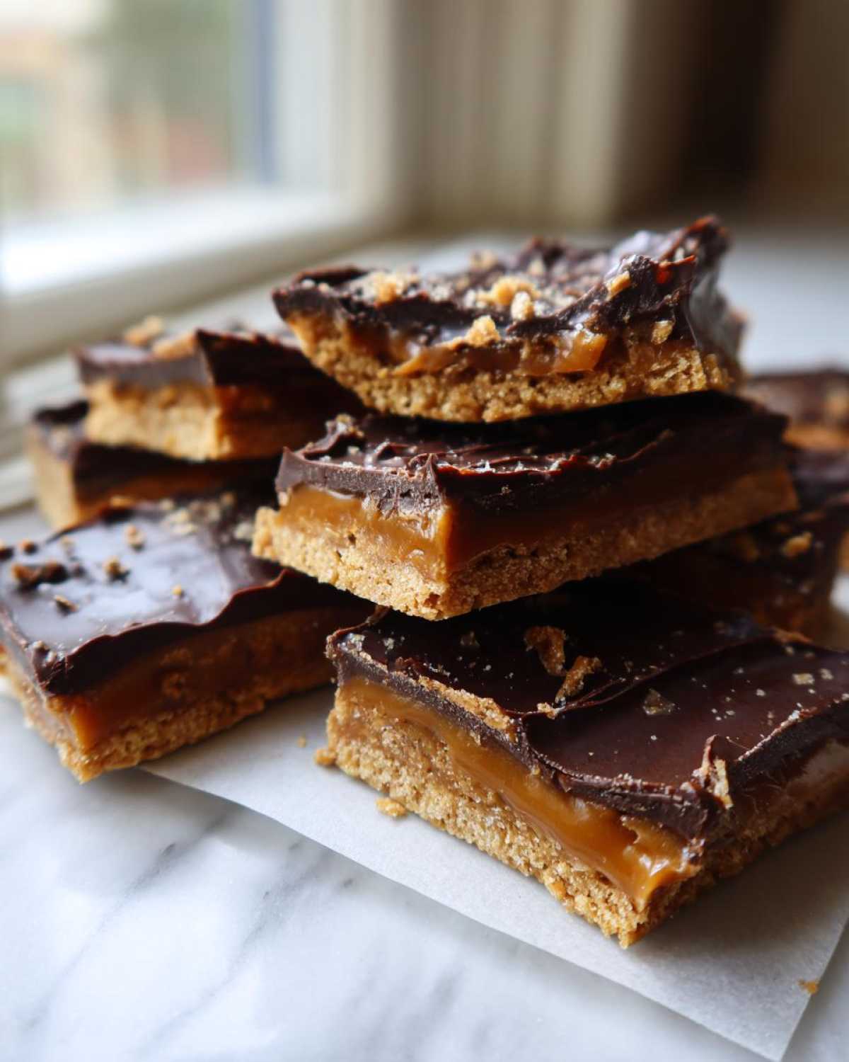 A stack of rich graham cracker toffee bars featuring a thick caramel layer and chocolate topping.