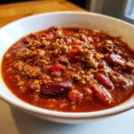 Close-up of a white bowl filled with thick, rich high protein chili featuring ground meat and kidney beans.