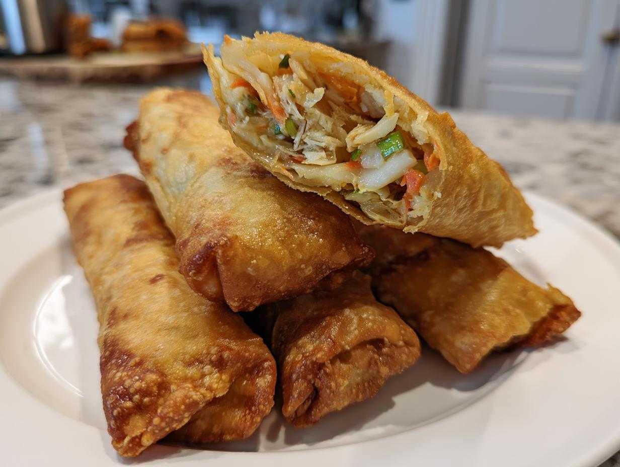 A stack of crispy, golden brown homemade egg roll appetizers, with one cut open to show the vegetable and meat filling.