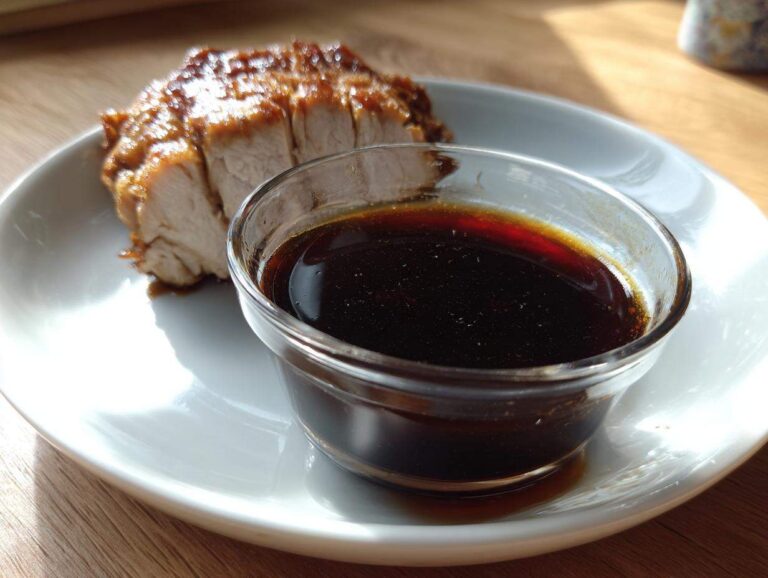A small glass bowl of thick, dark homemade teriyaki sauce served next to sliced, glazed meat on a white plate.