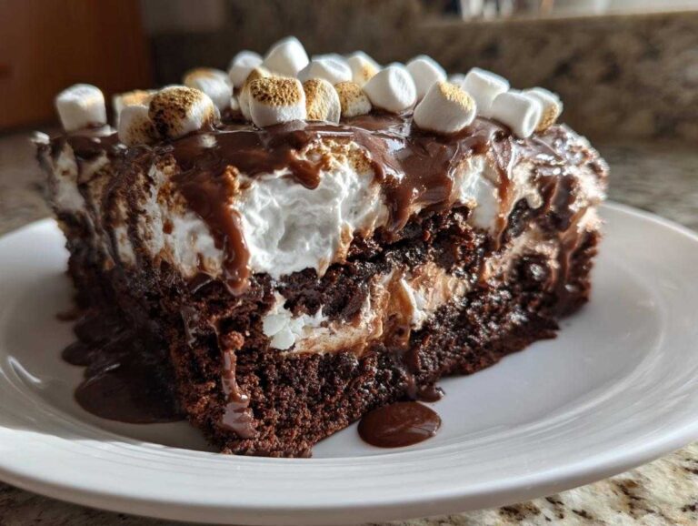 A rich slice of hot chocolate poke cake topped with whipped cream, chocolate sauce, and toasted marshmallows.