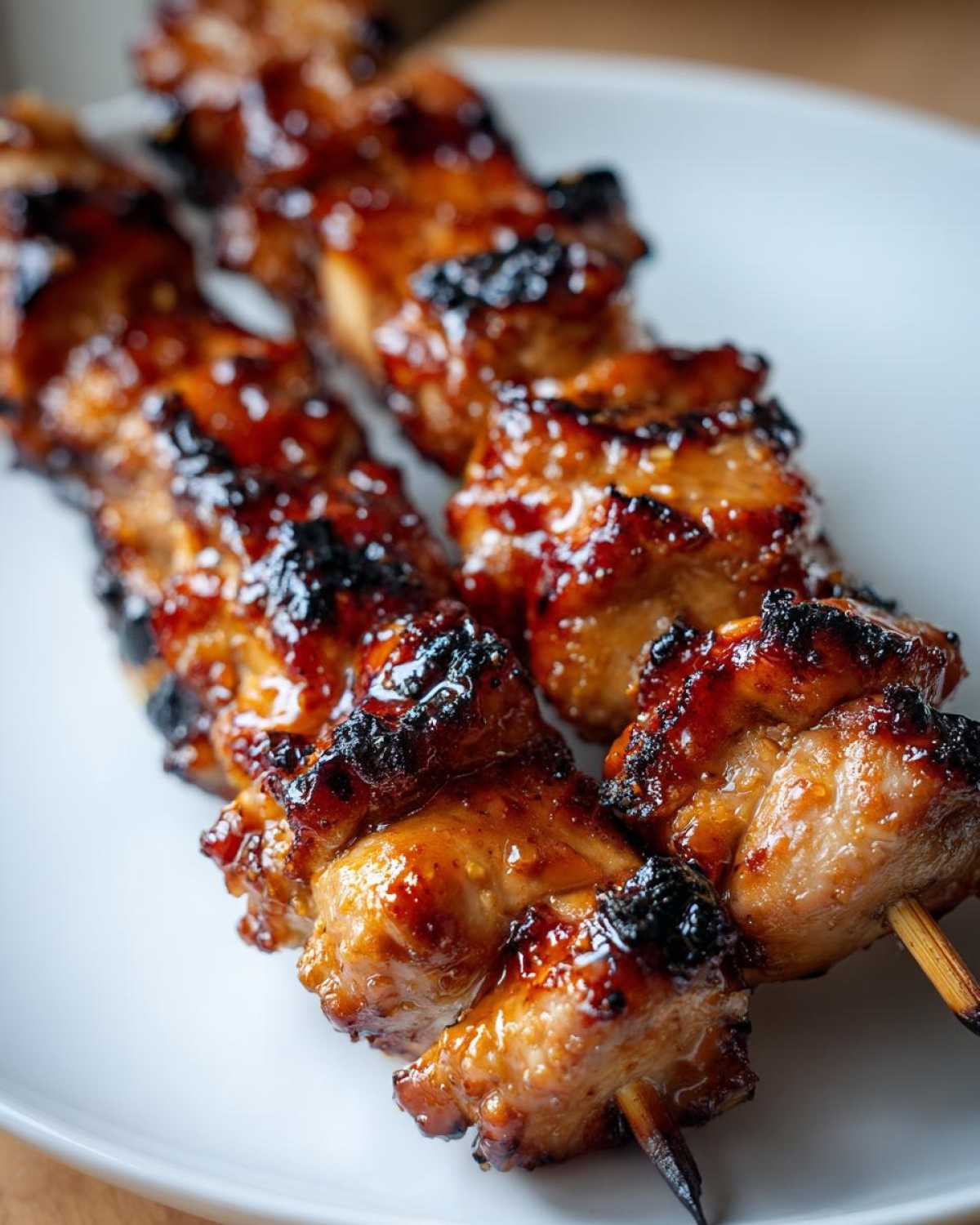 Close-up of two skewers featuring juicy, caramelized, and slightly charred chicken skewers resting on a white plate.