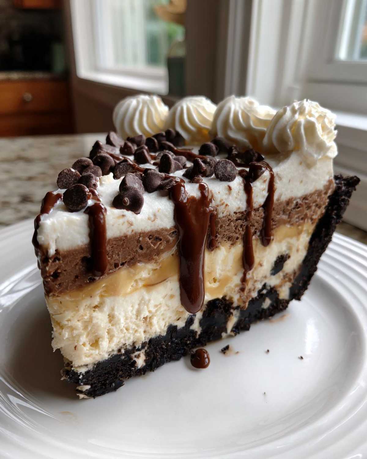 A tall slice of layered ice cream pie with a dark crust, multiple filling layers, chocolate drizzle, chips, and whipped cream.
