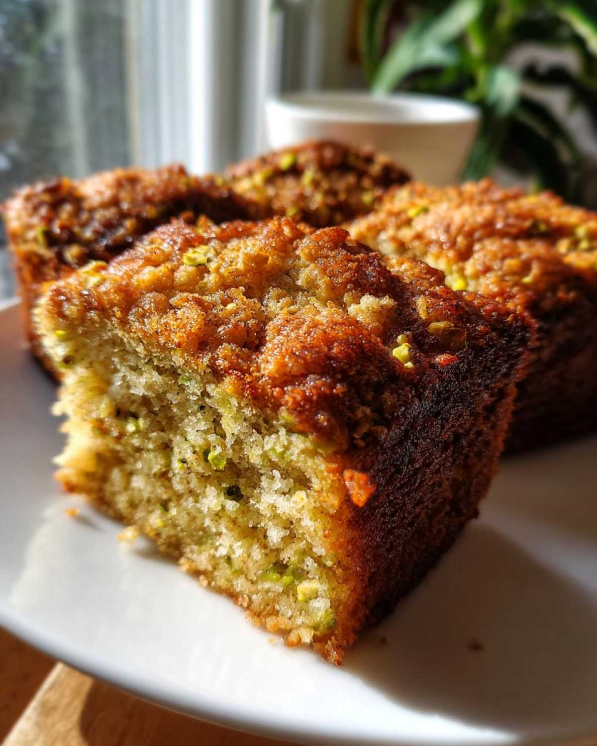 A close-up, sunlit view of a slice of moist pistachio coffee cake showing green pistachio pieces throughout the crumb.
