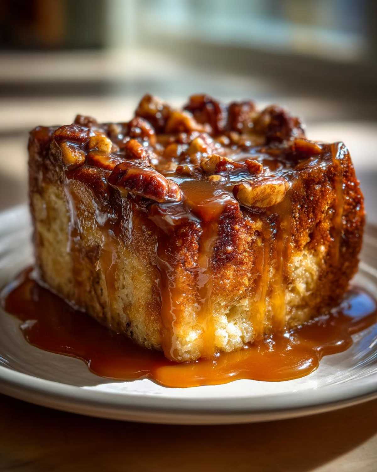 A close-up of a square serving of pecan pie bread pudding drenched in sticky caramel sauce and topped with pecans.