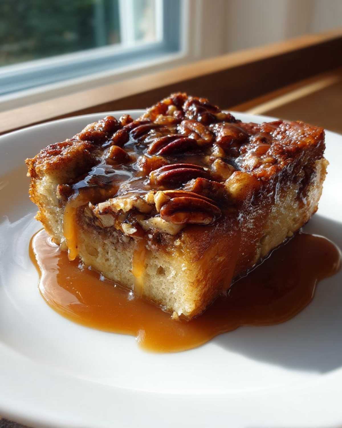 A square serving of pecan pie bread pudding topped with pecans and drizzled with rich caramel sauce.