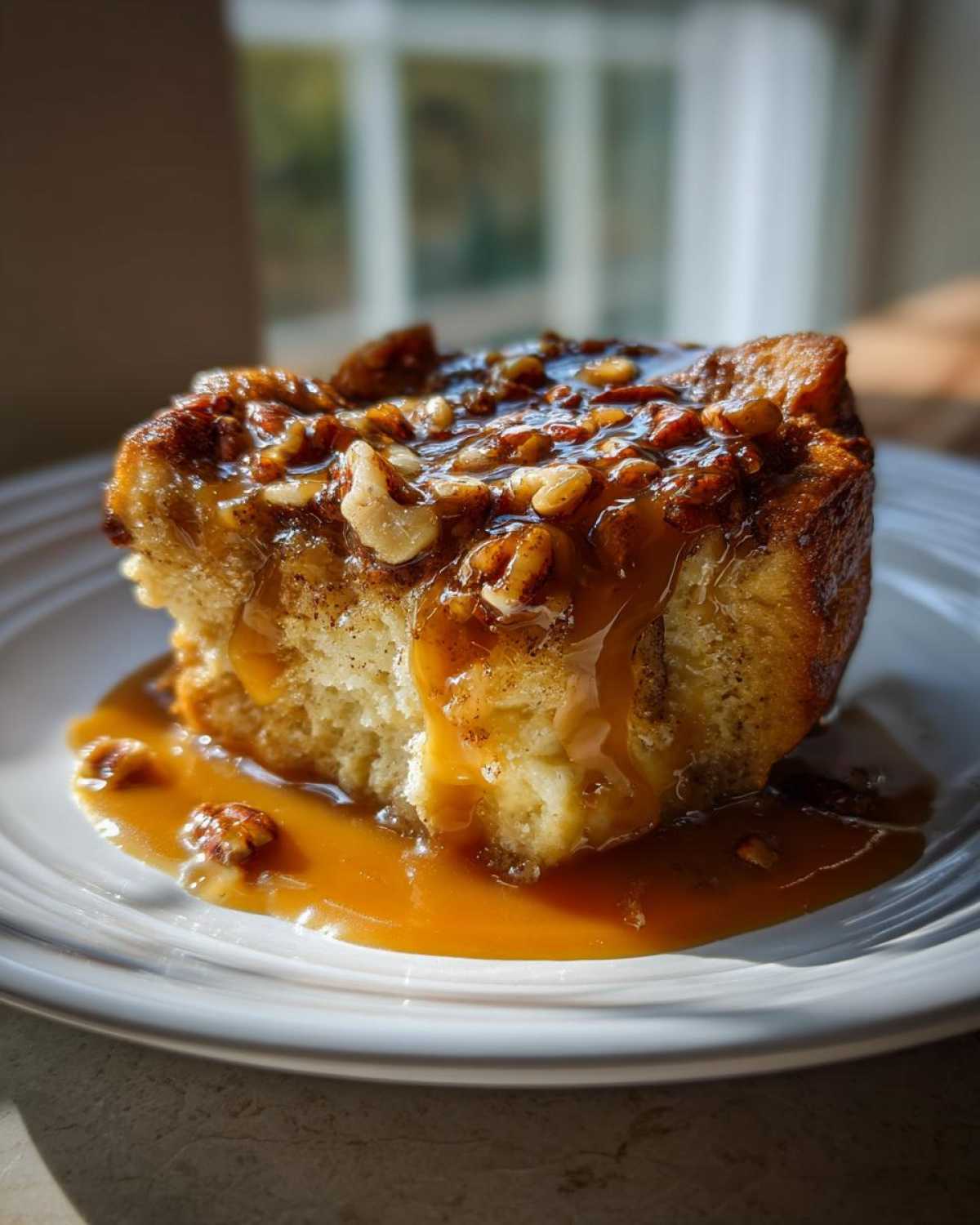 A close-up of a single serving of pecan pie bread pudding drenched in rich caramel sauce and topped with pecans.