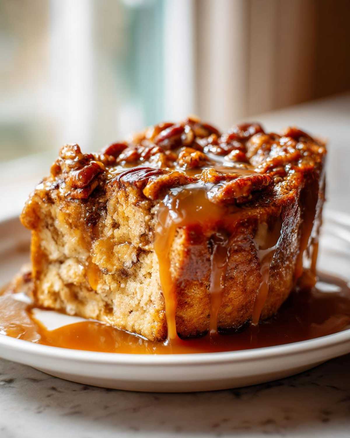 A rich slice of pecan pie bread pudding generously topped with pecans and dripping with caramel sauce.