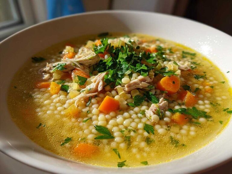 A close-up of a bowl of hot penicillin soup featuring small round pasta, shredded chicken, diced carrots, and fresh parsley garnish.