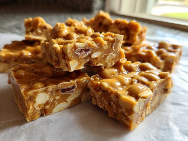 Close-up of several squares of golden brown peanut brittle recipe candy loaded with peanuts.