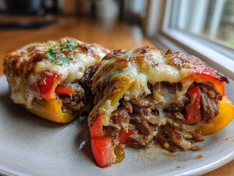 Two halves of philly cheesesteak stuffed peppers overflowing with shredded steak and topped with melted, slightly browned cheese.