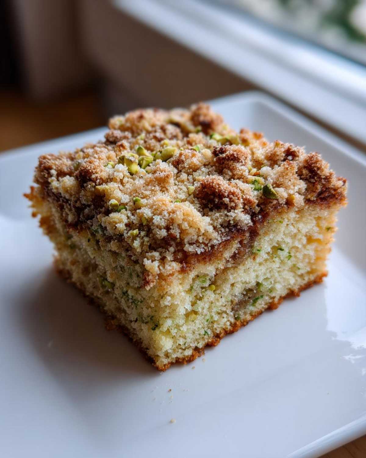 A square slice of pistachio coffee cake featuring a thick, brown sugar crumb topping and visible green pistachio pieces.