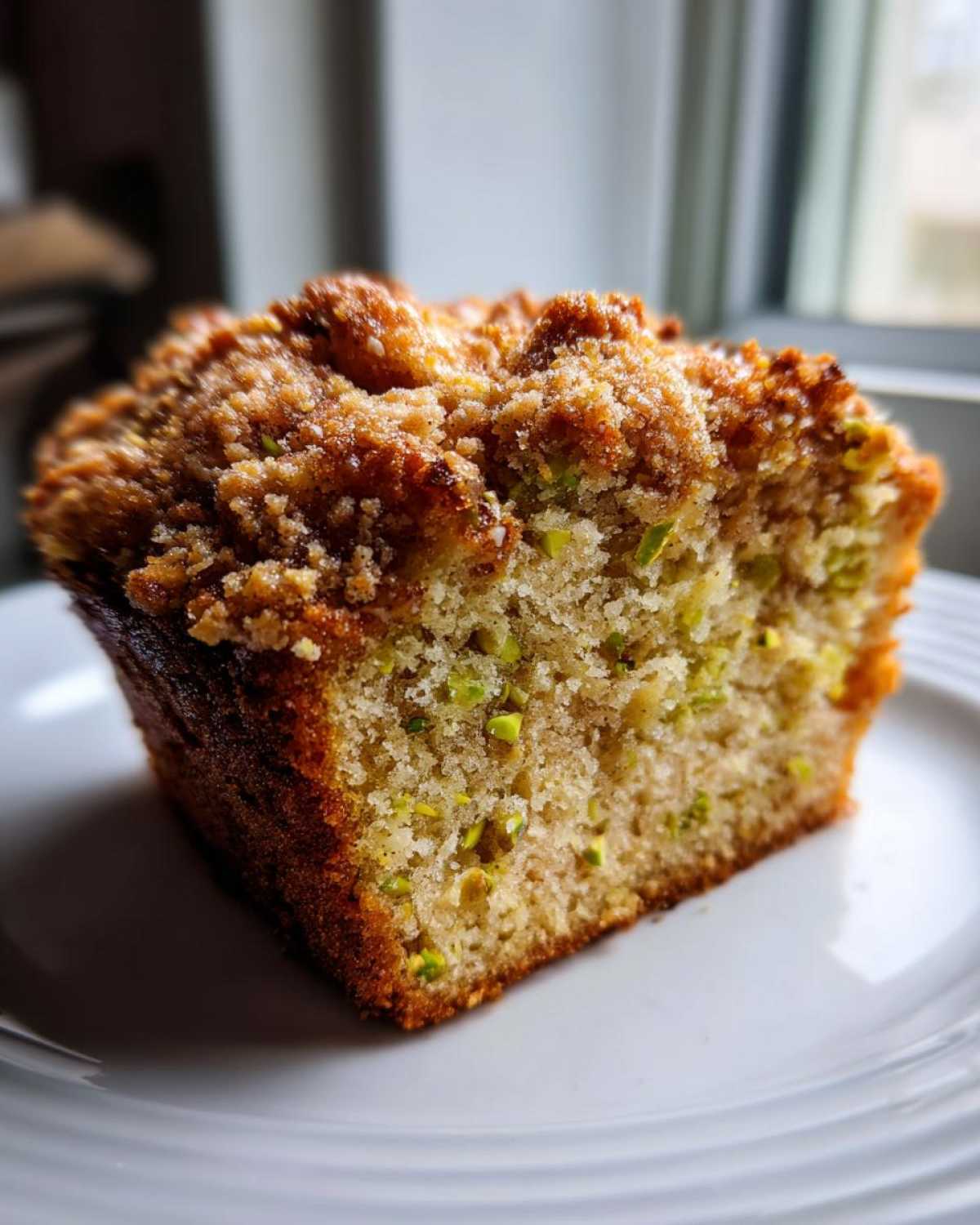 Close-up of a moist slice of pistachio coffee cake showing green pistachio pieces and a crunchy brown streusel topping.