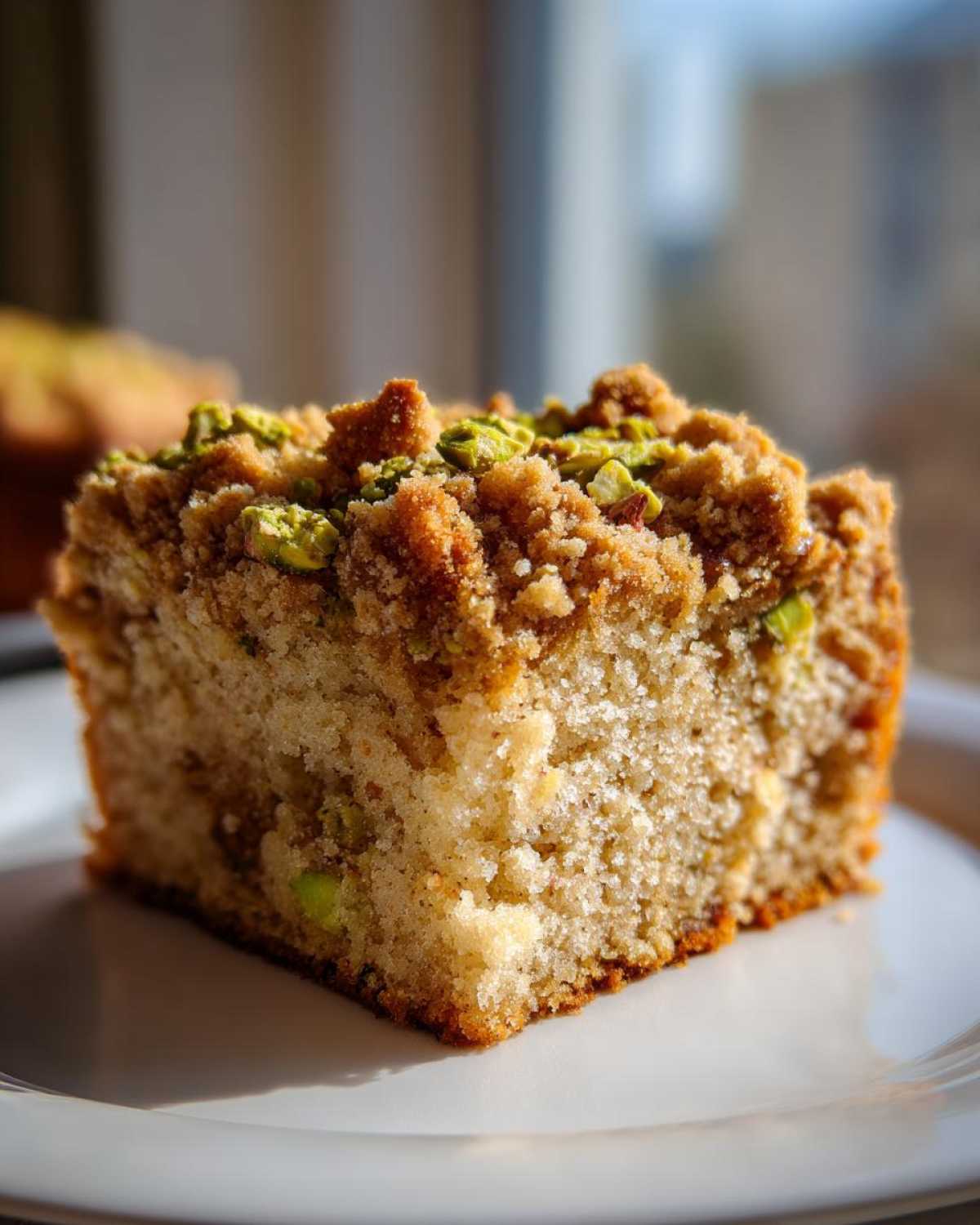 Close-up of a moist slice of pistachio coffee cake topped with brown streusel and chopped green pistachios.