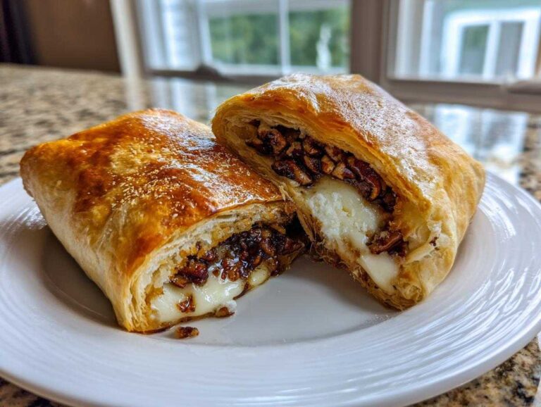 Cross-section of a golden puff pastry wrapped baked brie filled with melted cheese and pecans.