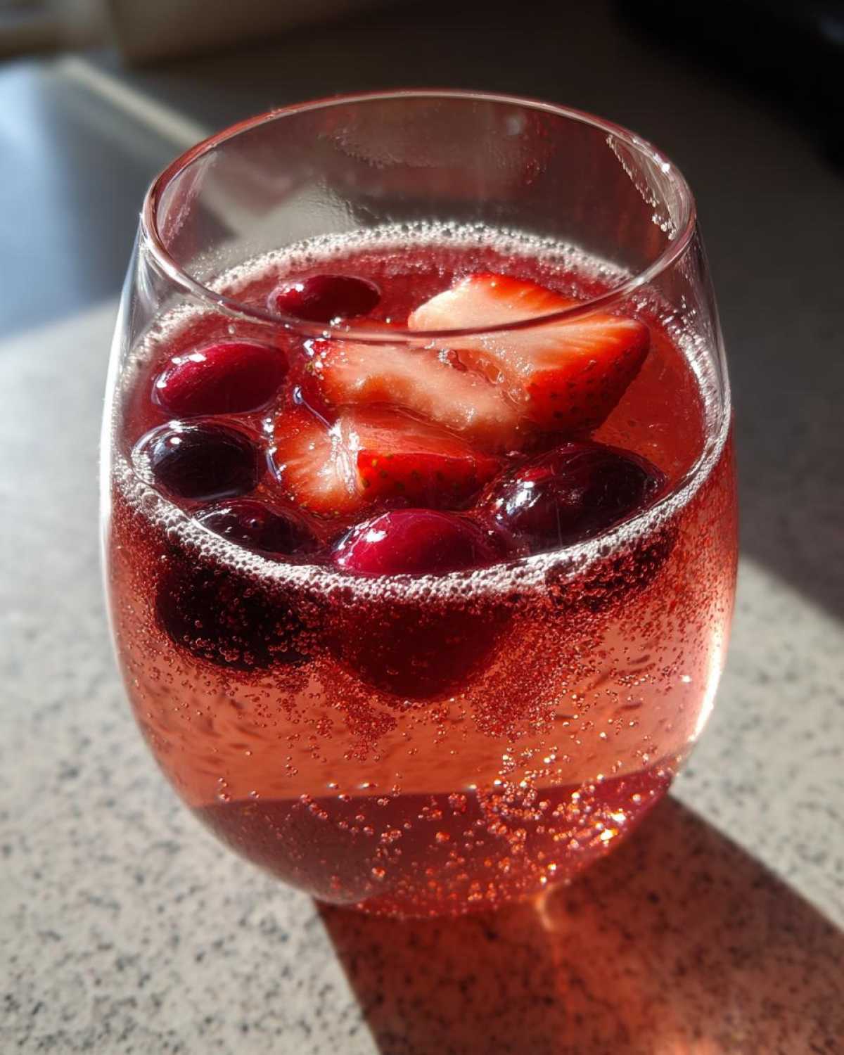 A close-up of a glass filled with sparkling pink champagne punch garnished with fresh strawberries and dark red cranberries.