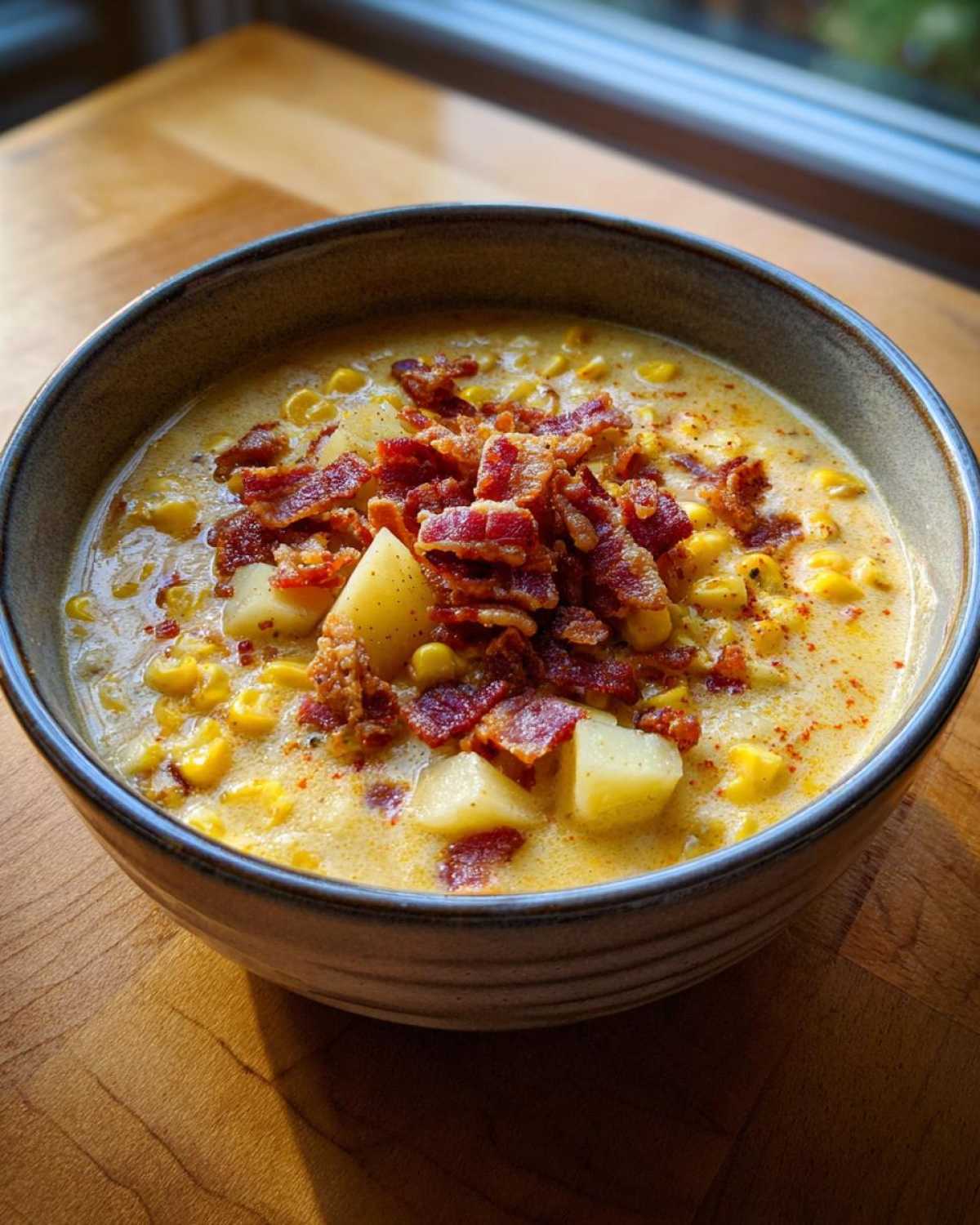 A creamy bowl of corn chowder recipe topped generously with crispy bacon bits and diced potatoes.