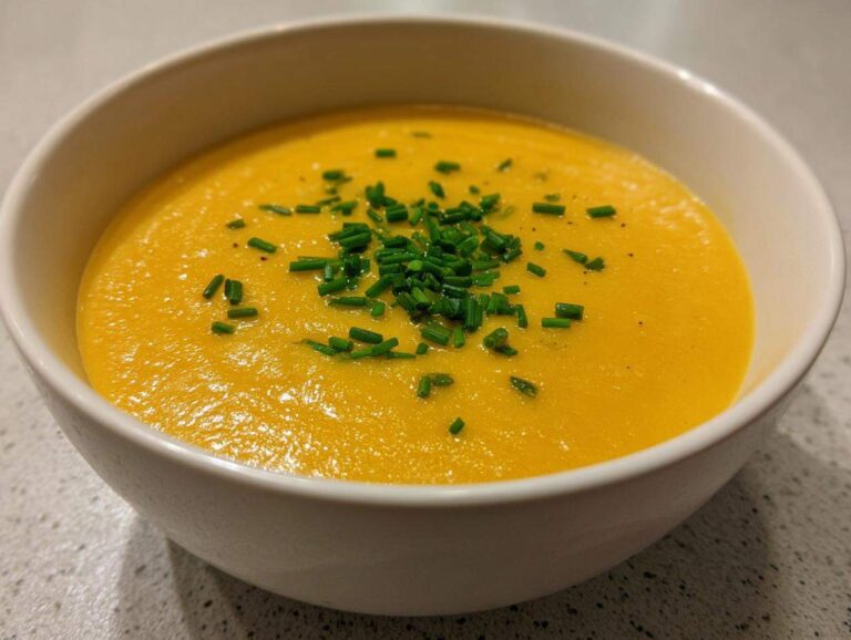 A close-up of a bowl of vibrant orange roasted cauliflower soup topped with fresh chopped chives.