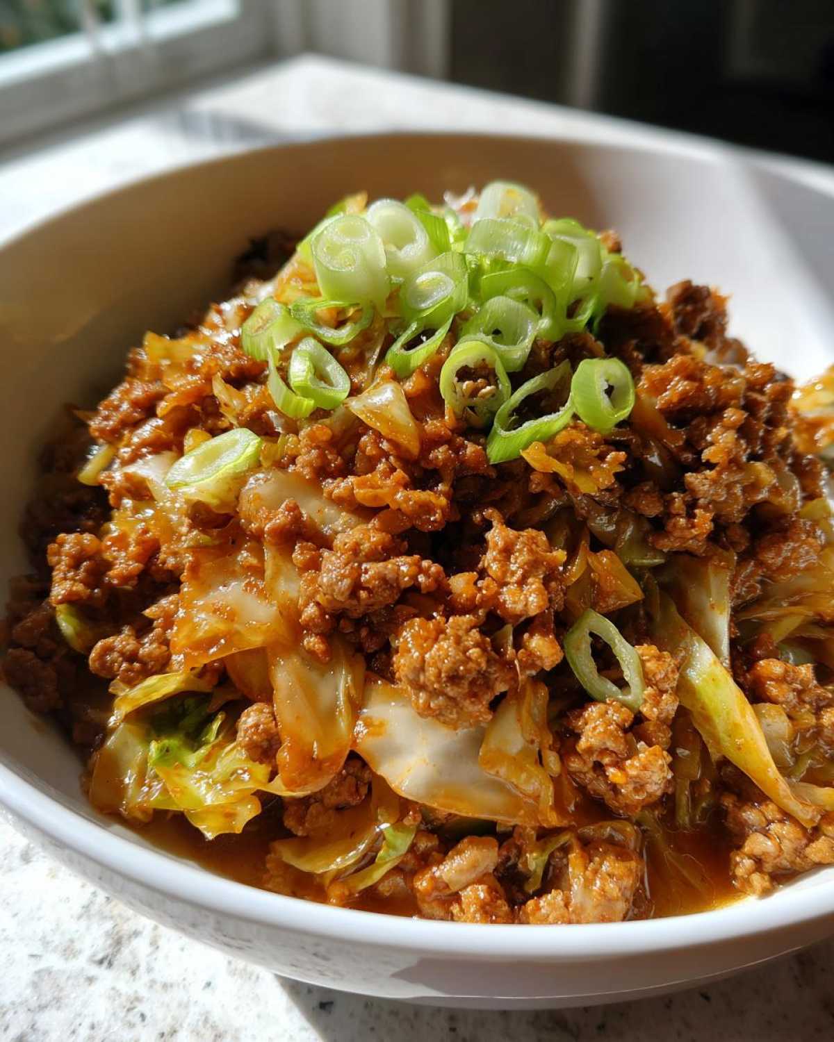 Close-up of a white bowl filled with savory egg roll in a bowl mixture, topped with fresh green onions.
