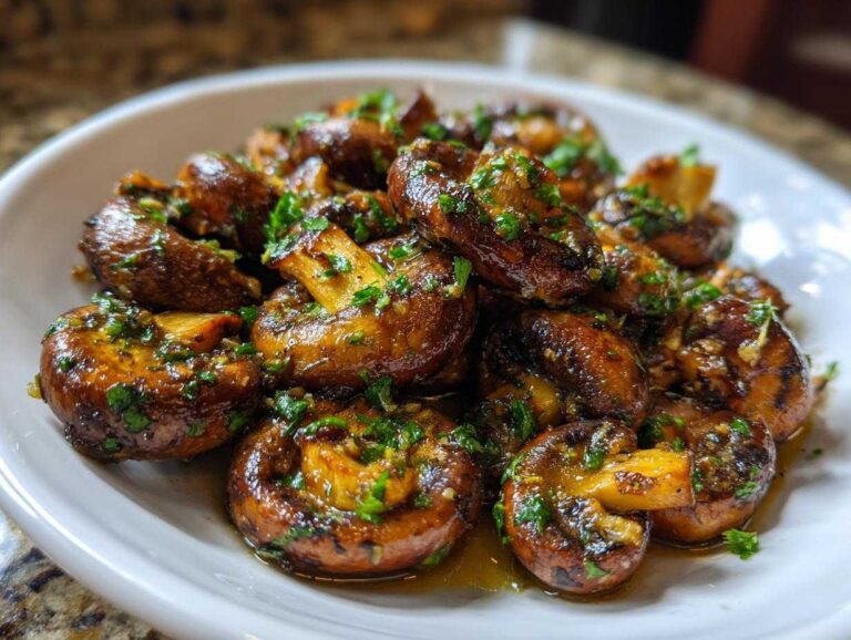 A close-up of perfectly cooked garlic butter mushrooms, glistening with sauce and topped with fresh parsley.