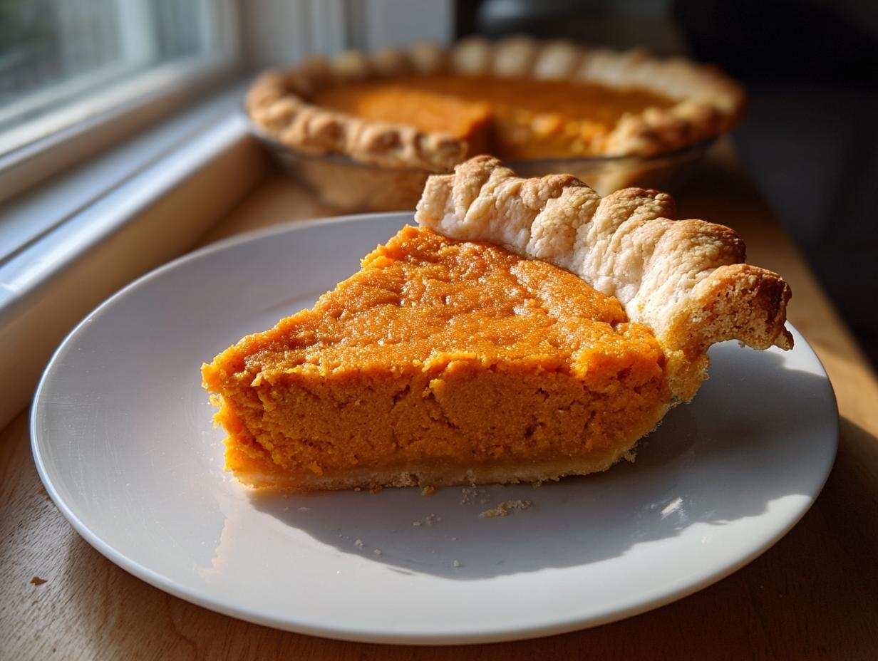A close-up slice of bright orange sweet potato pie with a thick, flaky crust edge, served on a white plate.