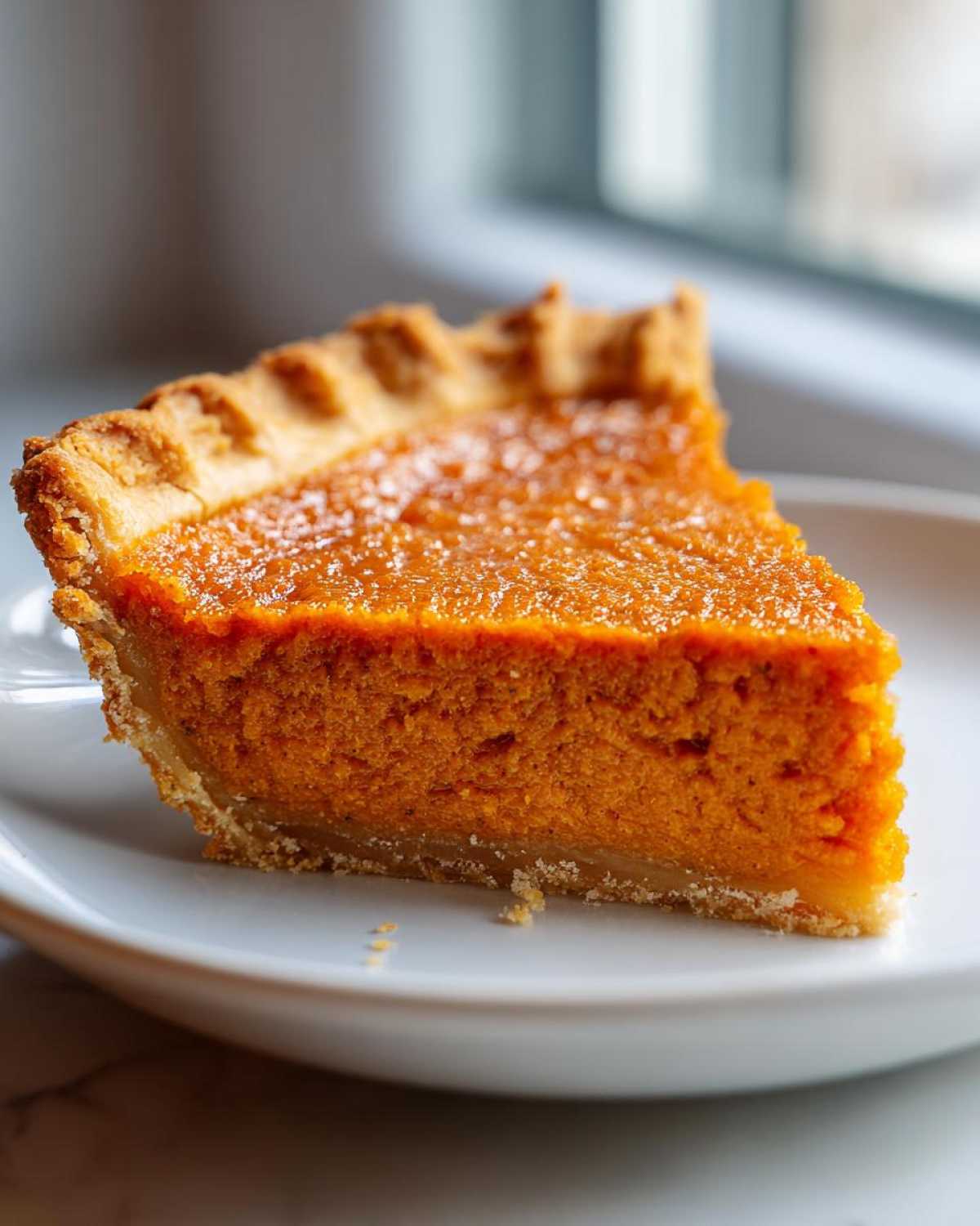 A close-up of a thick, vibrant orange slice of sweet potato pie with a flaky crust, served on a white plate.