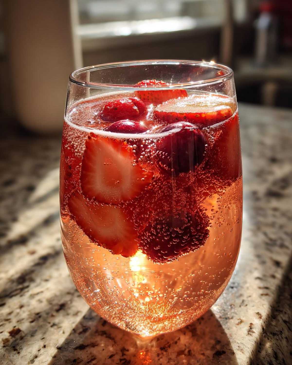 Close-up of a glass filled with bubbly, pink champagne punch garnished with fresh strawberries and cherries.