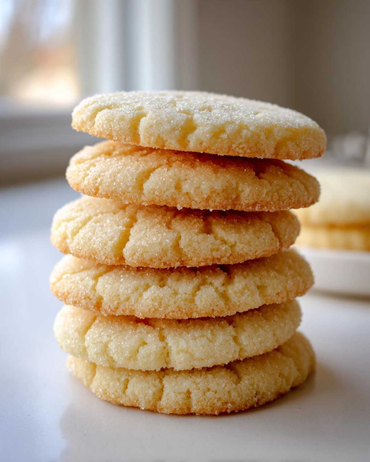 A vertical stack of five golden soft sugar cookies coated in sparkling sugar crystals.