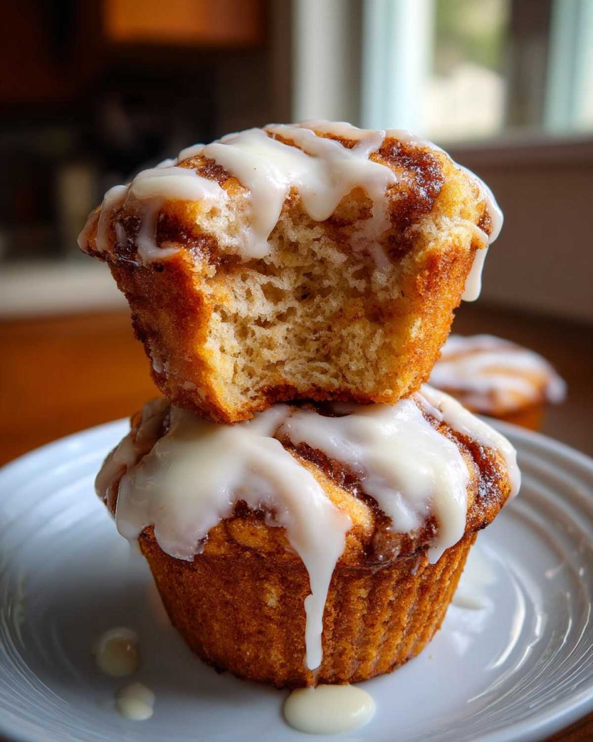 Two stacked cinnamon roll muffins, the top one bitten to show the soft interior, covered in white glaze.