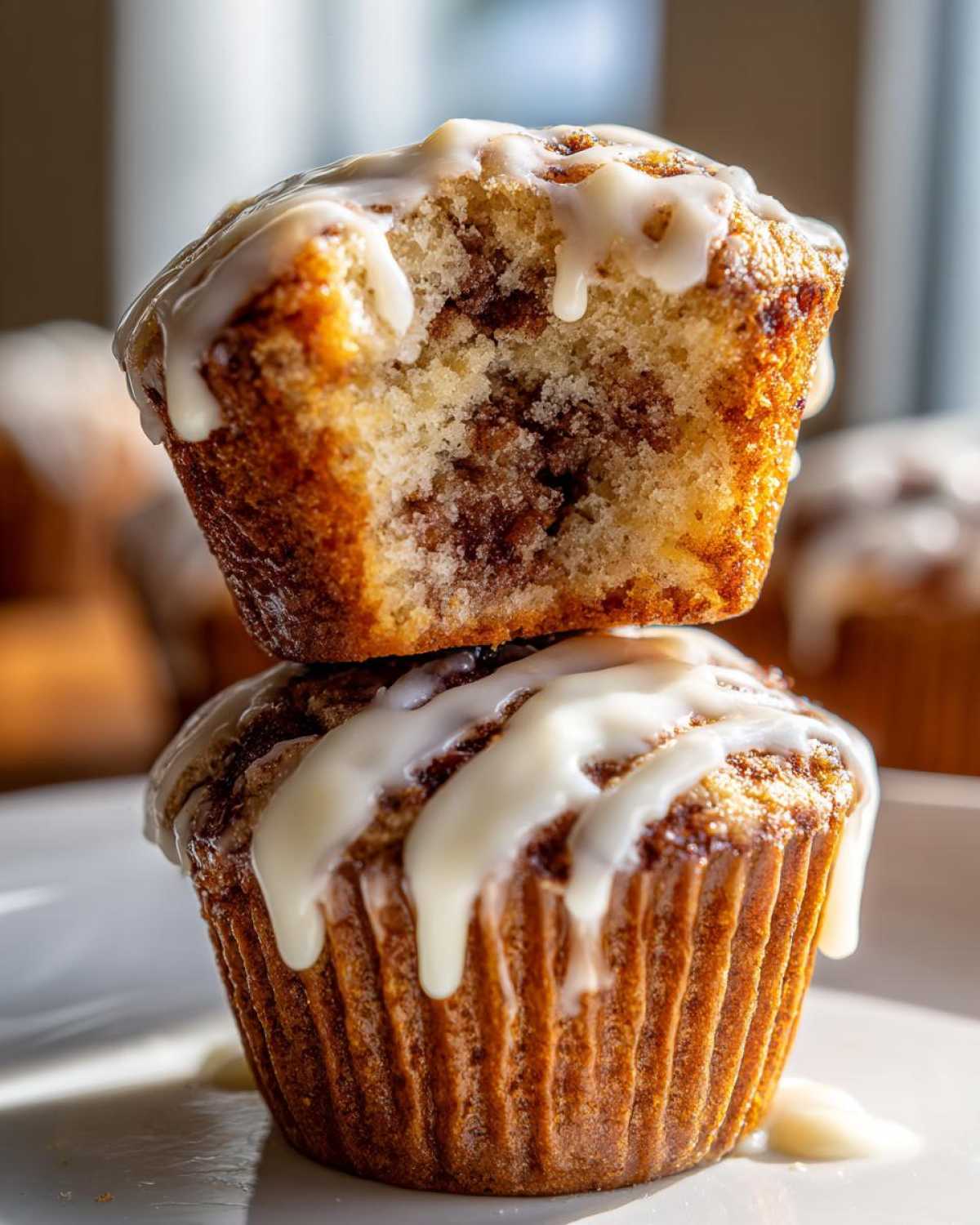 Two stacked cinnamon roll muffins, one cut open to show the swirl, drizzled heavily with white icing.