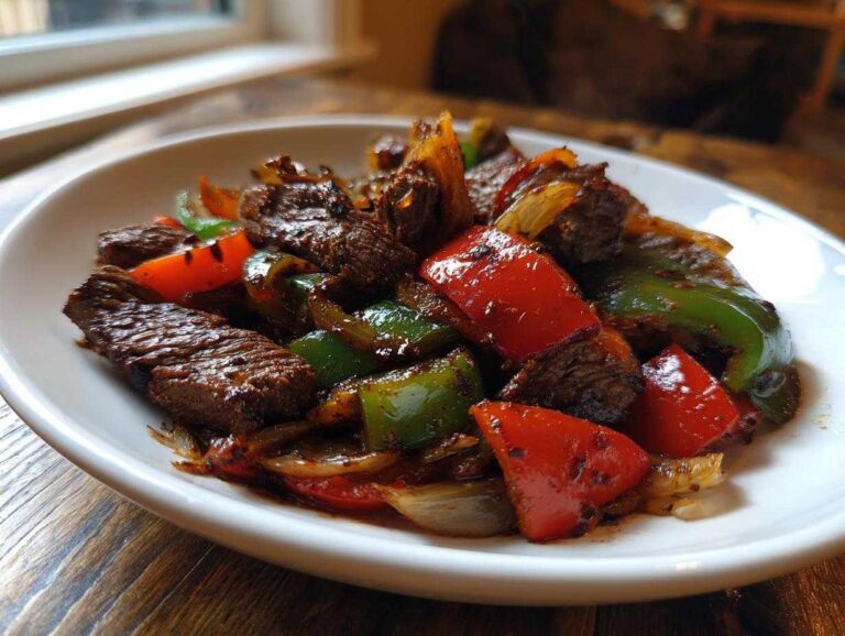 Close-up of perfectly cooked steak fajitas featuring strips of seasoned beef, vibrant red and green bell peppers, and onions in a white bowl.