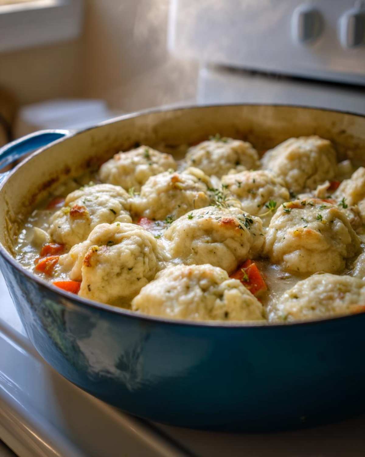 Close-up of steaming, fluffy dumplings atop creamy chicken and dumplings stew in a blue enameled pot.