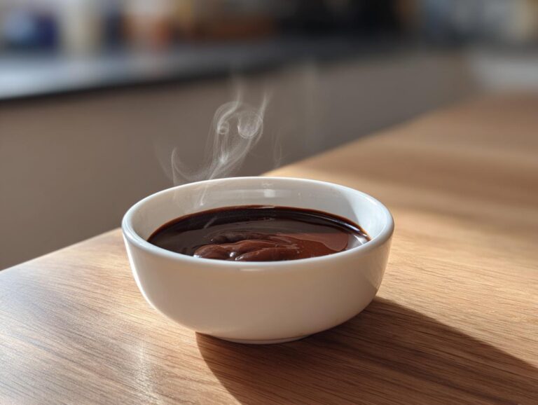 A small white bowl filled with rich, dark, steaming chocolate fondue sitting on a wooden table.