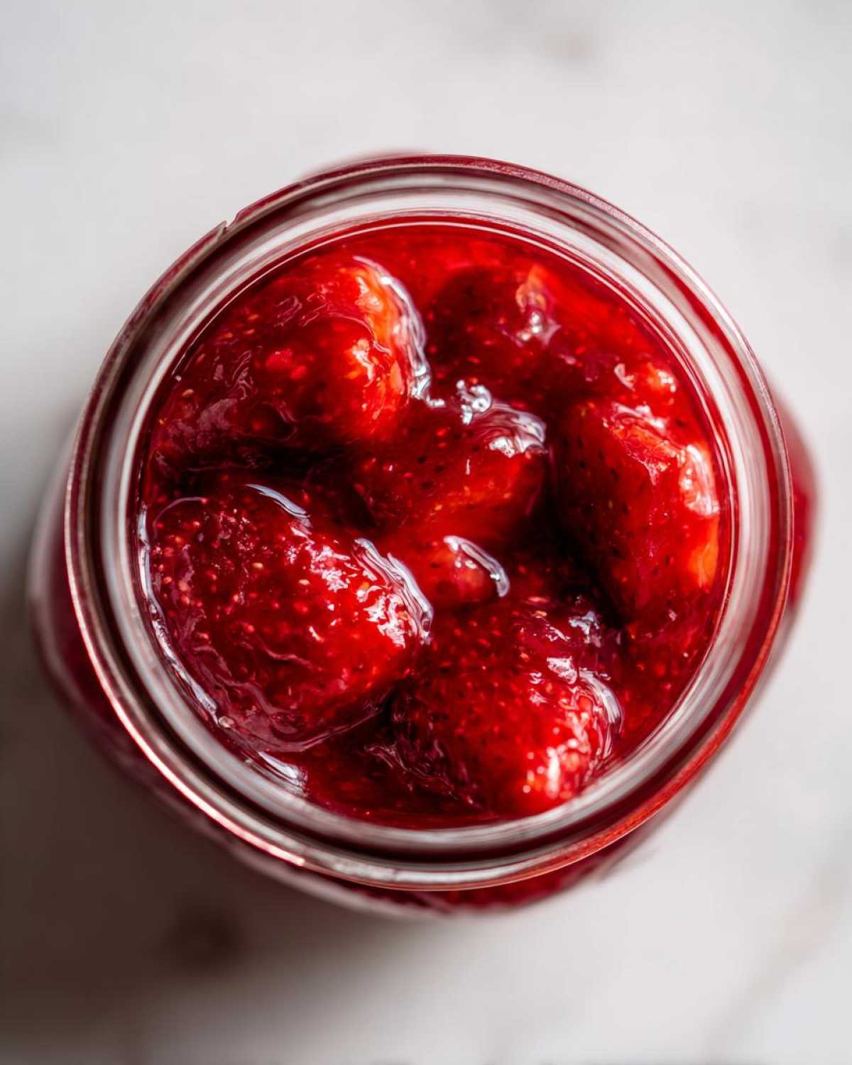 Overhead view of whole and halved strawberries preserved in bright red liquid inside a glass jar of strawberry freezer jam.