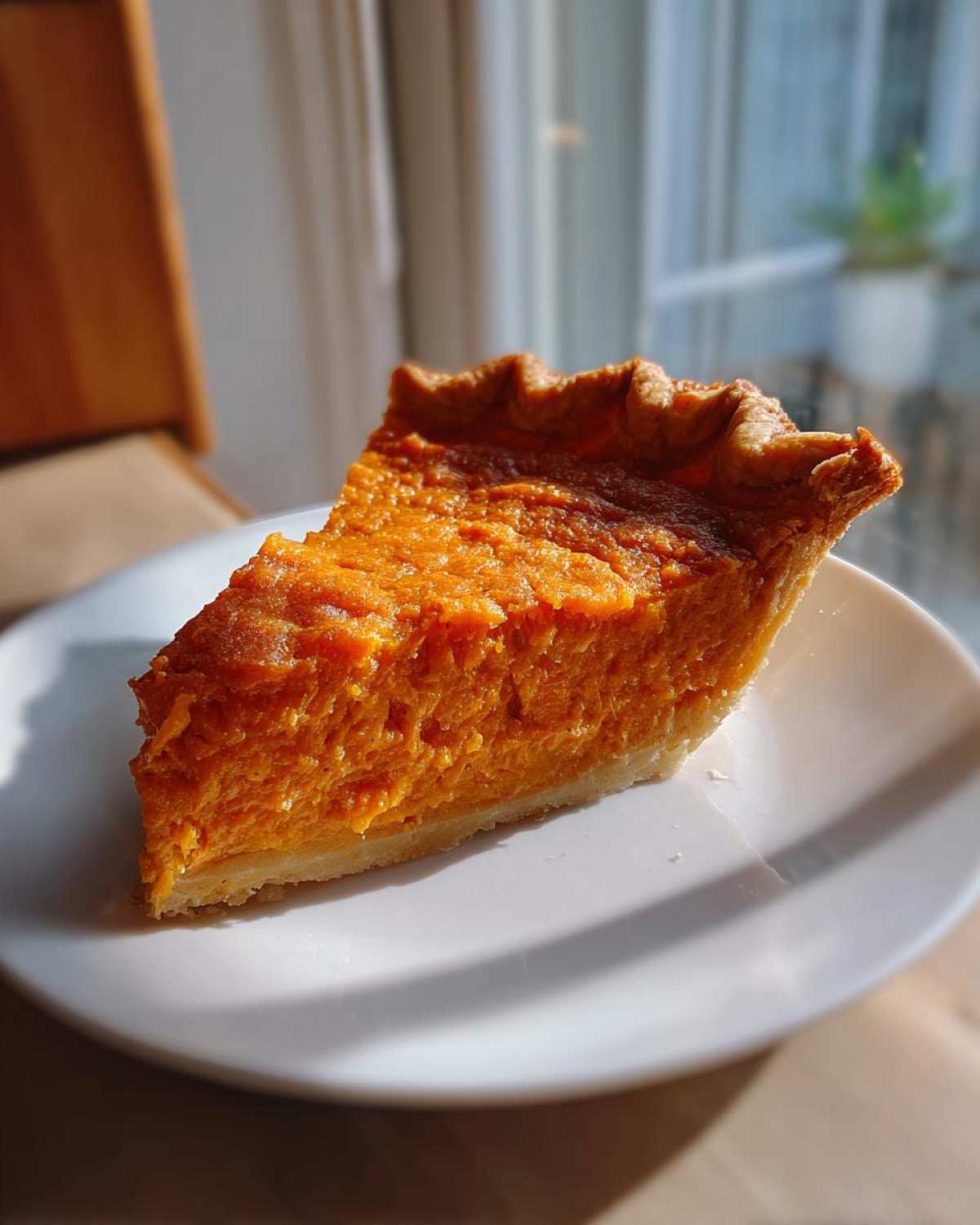 A thick slice of vibrant orange sweet potato pie with a flaky crust sits on a white plate, bathed in sunlight.