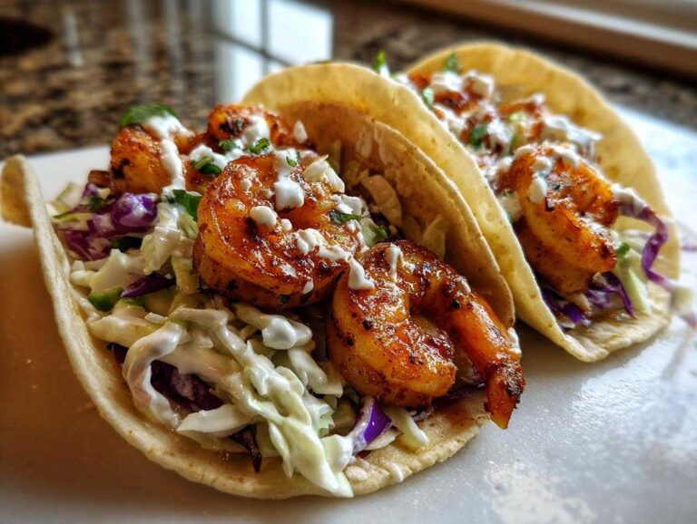 Two appetizing shrimp tacos filled with seasoned shrimp, creamy slaw, and drizzled with sauce.