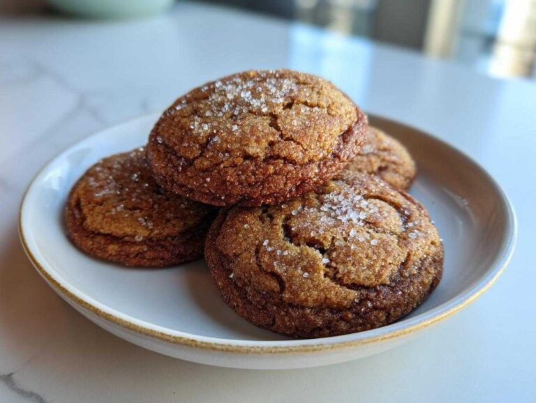 Four rich, crinkled cake mix cookies topped with coarse sugar served on a small white plate.