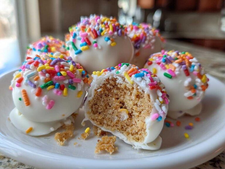 A plate of white chocolate covered sugar cookie truffles generously topped with rainbow sprinkles, one is cut open.