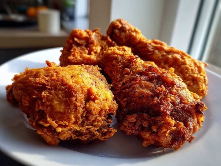 Four pieces of golden brown, crispy air fryer fried chicken resting on a white plate.