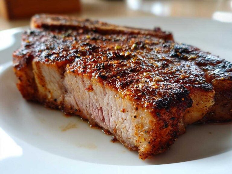 Close-up of a thick-cut, juicy air fryer pork chop showing a perfectly seasoned, browned exterior and pink interior.