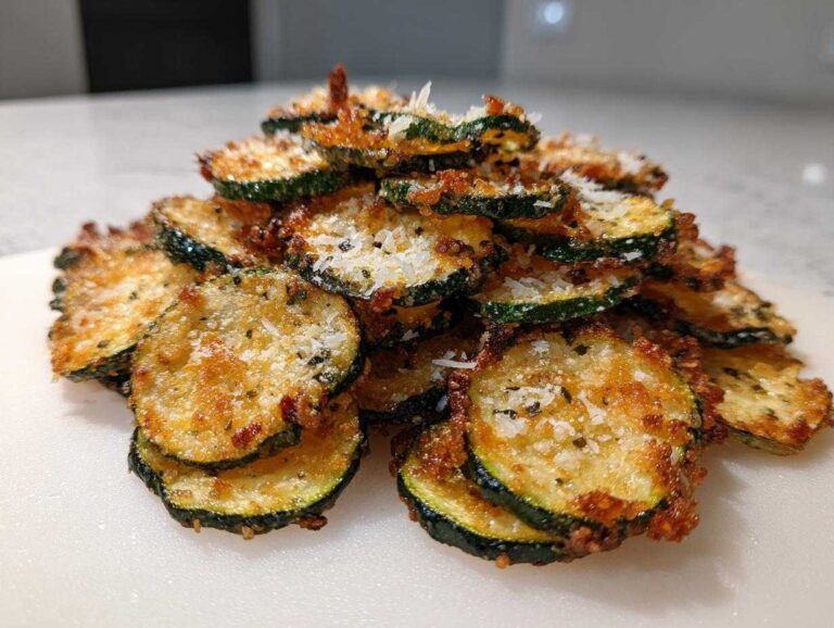 A pile of golden brown, crispy air fryer zucchini chips topped with grated Parmesan cheese.